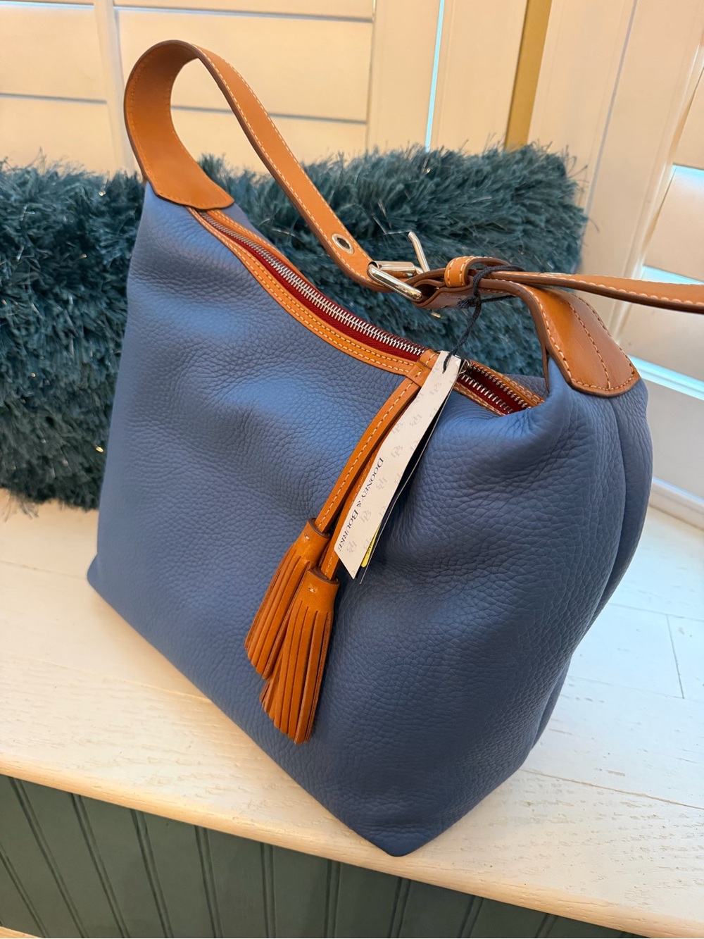 NWT! Rooney & Bourke blue leather handbag with proper certification.